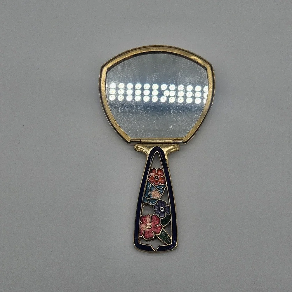 Vintage Cloisonne Compact Folding Hand Mirror Multi Color & Gold Floral Small